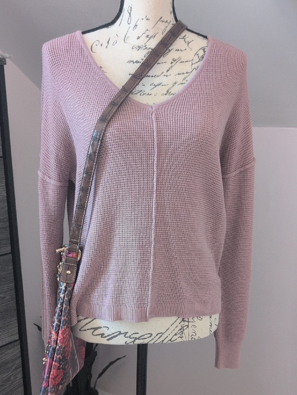 Hippie Rose V-Neck Waffle Knit Sweater in Dusty Mauve